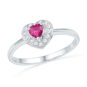 10kt White Gold Womens Round Lab-Created Pink Sapphire Heart Ring 1/10 Cttw