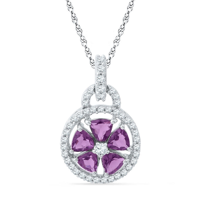 10kt White Gold Womens Lab-Created Amethyst Flower Circle Pendant 1-1/2 Cttw