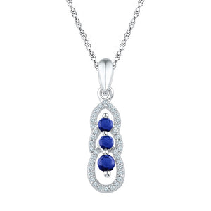 10kt White Gold Womens Round Lab-Created Blue Sapphire 3-stone Pendant 1/2 Cttw