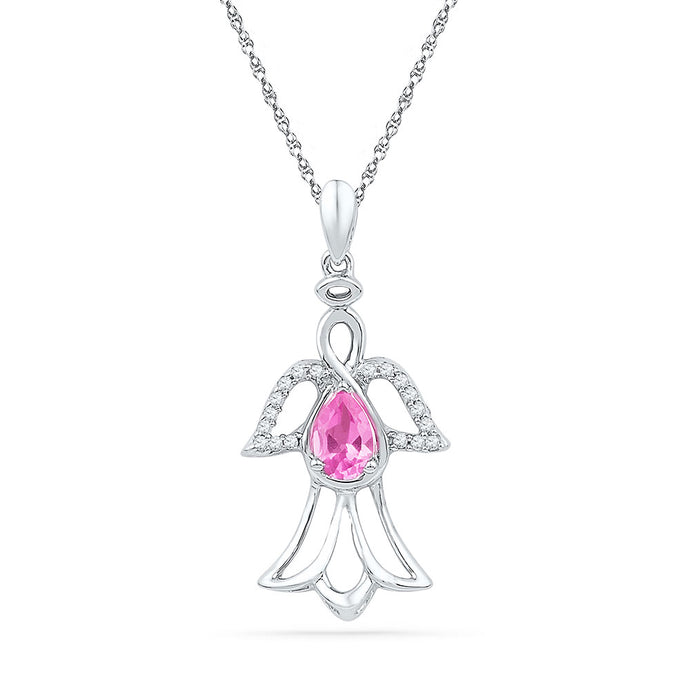 10kt White Gold Womens Pear Lab-Created Pink Sapphire Angel Pendant 5/8 Cttw