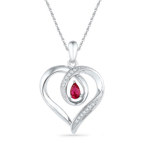 10kt White Gold Womens Pear Lab-Created Ruby Diamond Heart Pendant 1/20 Cttw