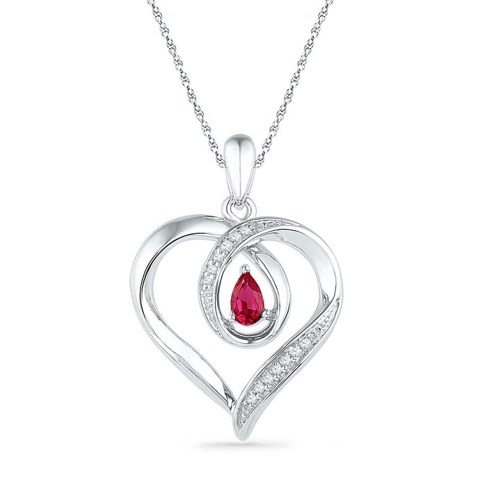 10kt White Gold Womens Pear Lab-Created Ruby Diamond Heart Pendant 1/20 Cttw