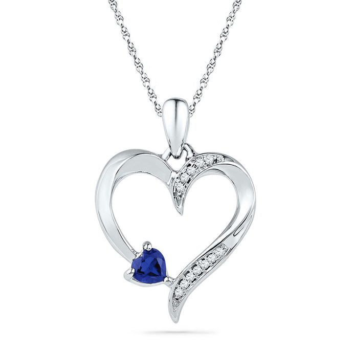10kt White Gold Womens Round Lab-Created Blue Sapphire Heart Pendant 1/20 Cttw