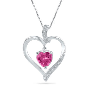 10kt White Gold Womens Round Lab-Created Pink Sapphire Heart Pendant 1-3/4 Cttw