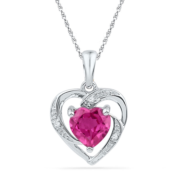 10kt White Gold Womens Round Lab-Created Ruby Heart Pendant 1 Cttw