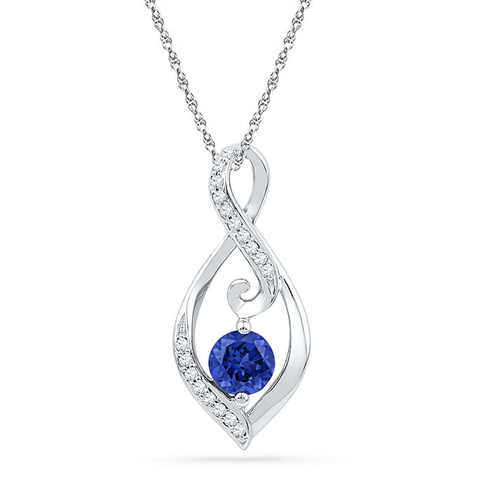 10kt White Gold Womens Round Lab-Created Blue Sapphire Solitaire Diamond Pendant 1/10 Cttw