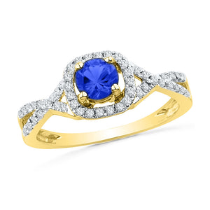 10kt Yellow Gold Womens Round Lab-Created Blue Sapphire Solitaire Diamond Ring 1/5 Cttw