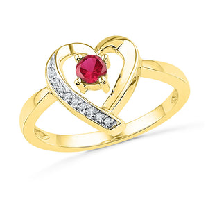 10kt Yellow Gold Womens Round Lab-Created Ruby Heart Ring 1/4 Cttw
