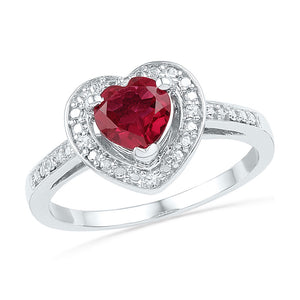 Sterling Silver Womens Round Lab-Created Ruby Heart Diamond Ring 1 Cttw