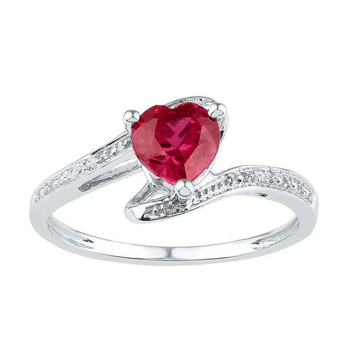 Sterling Silver Womens Heart Lab-Created Ruby Solitaire Diamond Ring 1 Cttw