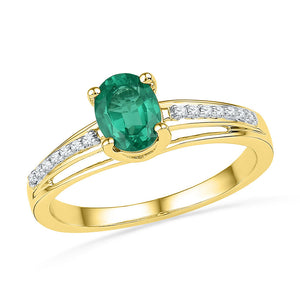 10kt Yellow Gold Womens Oval Lab-Created Emerald Solitaire Ring 1/12 Cttw