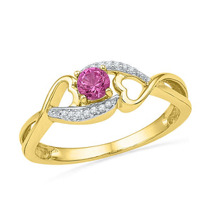 10kt Yellow Gold Womens Round Lab-Created Pink Sapphire Diamond Heart Ring 1/20 Cttw