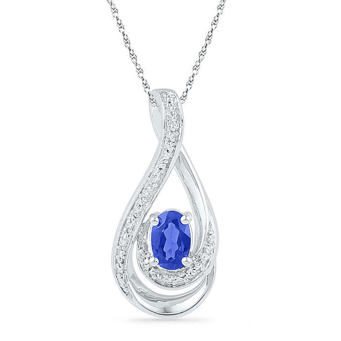 Sterling Silver Womens Oval Lab-Created Blue Sapphire Solitaire Teardrop Pendant 1/2 Cttw