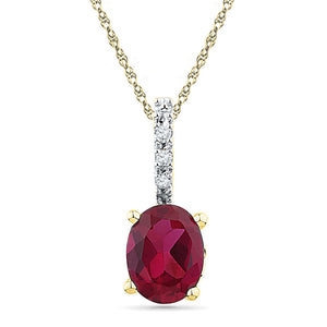 10kt Yellow Gold Womens Oval Lab-Created Ruby Solitaire Diamond Pendant 1 Cttw
