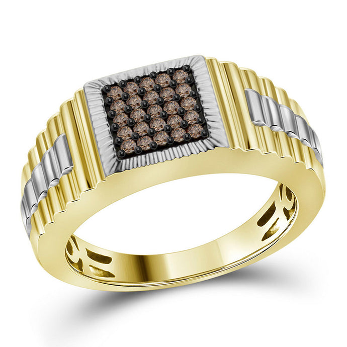 10kt Yellow Gold Mens Round Brown Diamond Square Cluster Ribbed Ring 1/4 Cttw