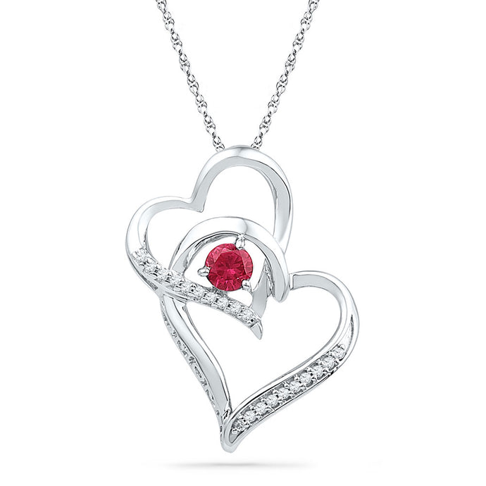 Sterling Silver Womens Round Lab-Created Ruby Double Heart Pendant 1/3 Cttw