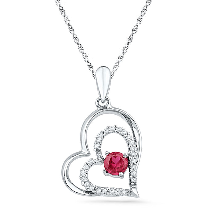 Sterling Silver Womens Round Lab-Created Ruby Double Heart Pendant 1/2 Cttw
