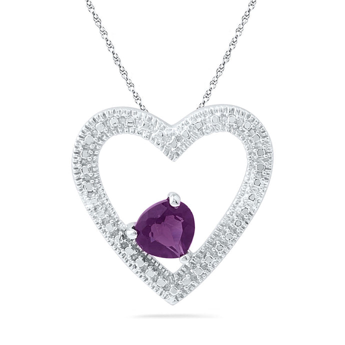 Sterling Silver Womens Round Lab-Created Amethyst Solitaire Heart Pendant 5/8 Cttw