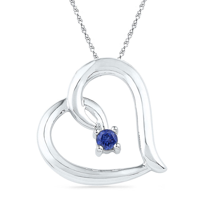 Sterling Silver Womens Round Lab-Created Blue Sapphire Heart Pendant 1/8 Cttw