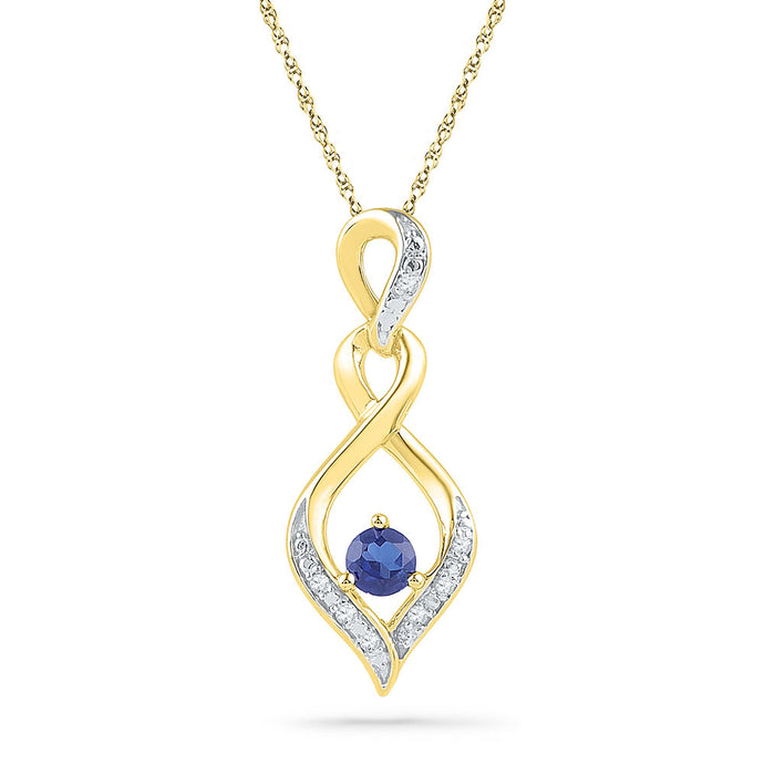 10kt Yellow Gold Womens Round Lab-Created Blue Sapphire Solitaire Diamond Pendant .02 Cttw