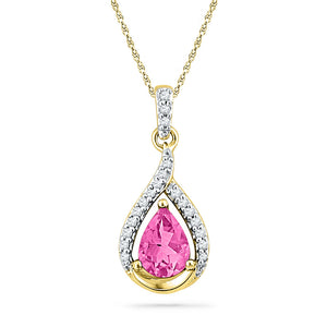 10kt Yellow Gold Womens Pear Lab-Created Pink Sapphire Solitaire Diamond Pendant 1-5/8 Cttw
