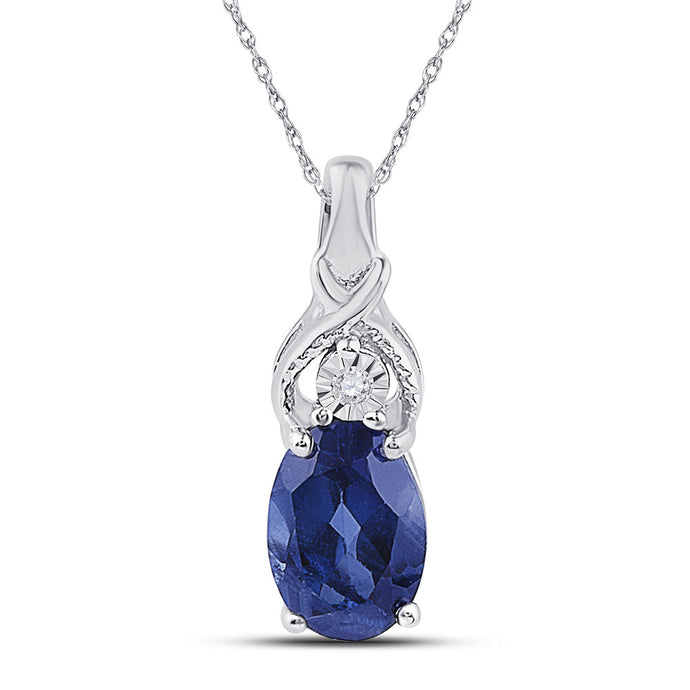 Sterling Silver Womens Oval Lab-Created Blue Sapphire Solitaire Diamond Pendant 7/8 Cttw