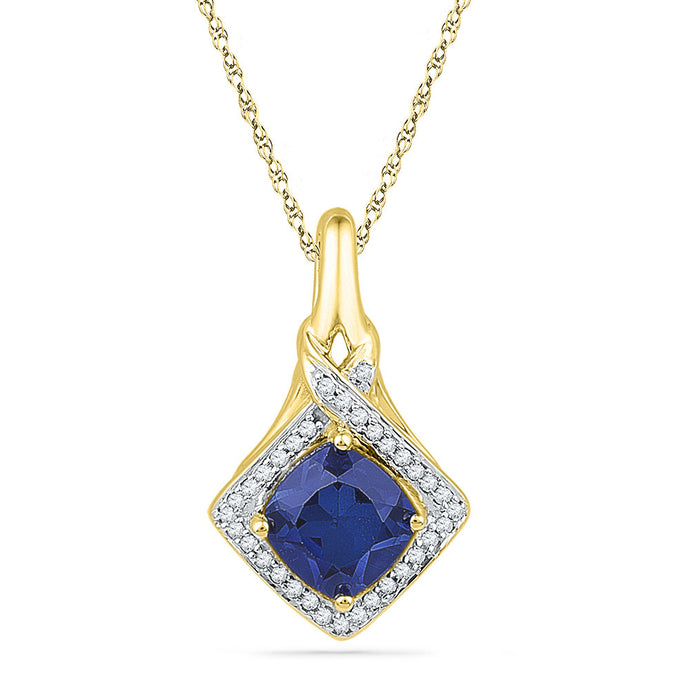 10kt Yellow Gold Womens Round Lab-Created Blue Sapphire Solitaire Pendant 1-5/8 Cttw