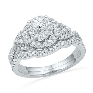 10kt White Gold Round Diamond Double Halo Bridal Wedding Ring Band Set 3/4 Cttw