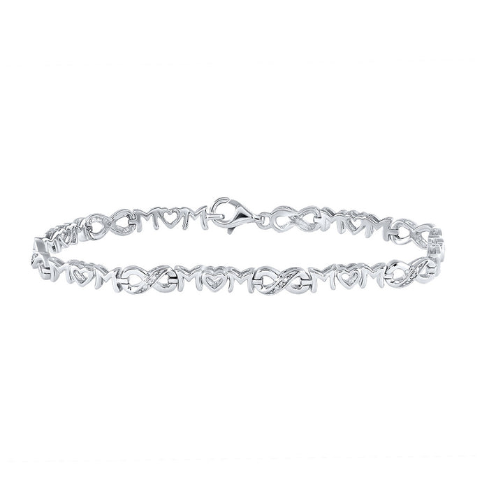 Sterling Silver Womens Round Diamond Mom Mother Heart Link Bracelet .03 Cttw