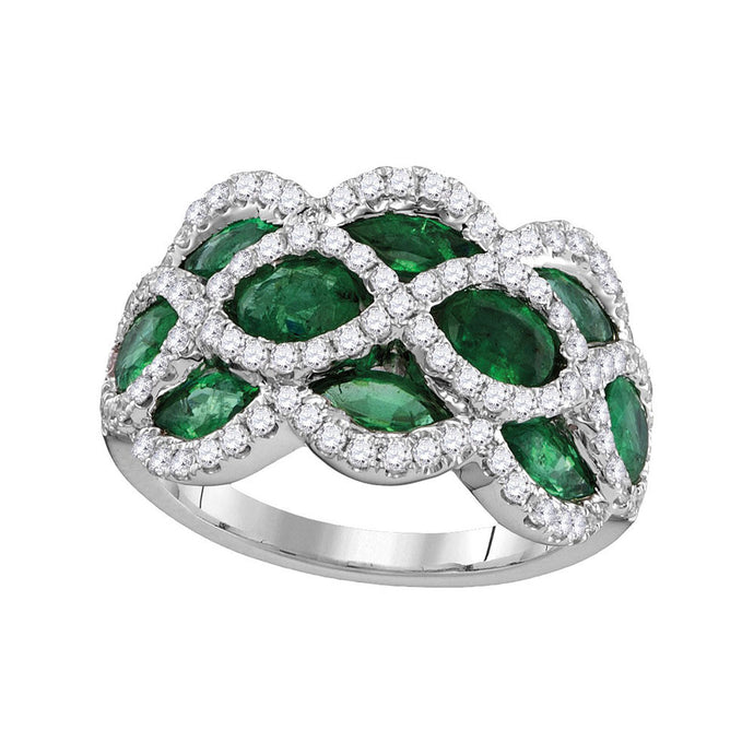 18kt White Gold Womens Marquise Emerald Diamond Fashion Ring 3 Cttw