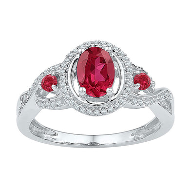 10kt White Gold Womens Oval Lab-Created Ruby 3-stone Ring 1-1/5 Cttw