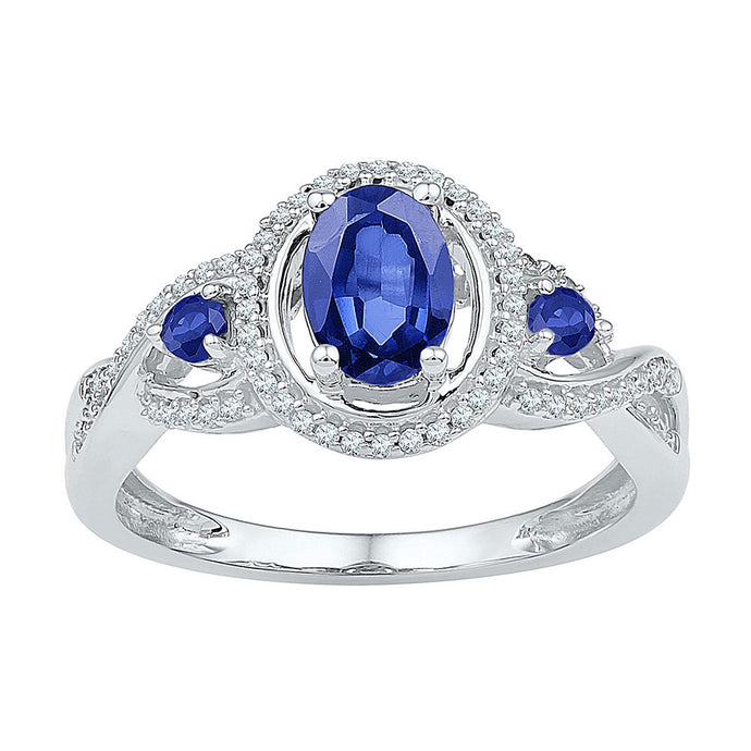 10kt White Gold Womens Oval Lab-Created Blue Sapphire 3-stone Ring 1-1/2 Cttw
