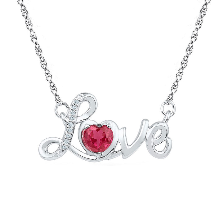 Sterling Silver Womens Round Lab-Created Ruby Love Heart Necklace 1/2 Cttw