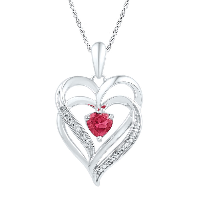 Sterling Silver Womens Round Lab-Created Ruby & Diamond Heart Pendant .01 Cttw