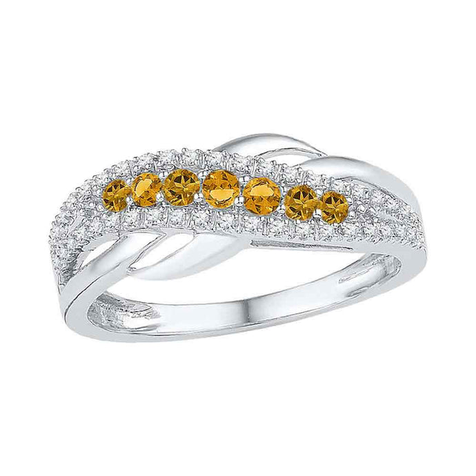10kt White Gold Womens Round Lab-Created Citrine Diamond Band Ring 1/3 Cttw