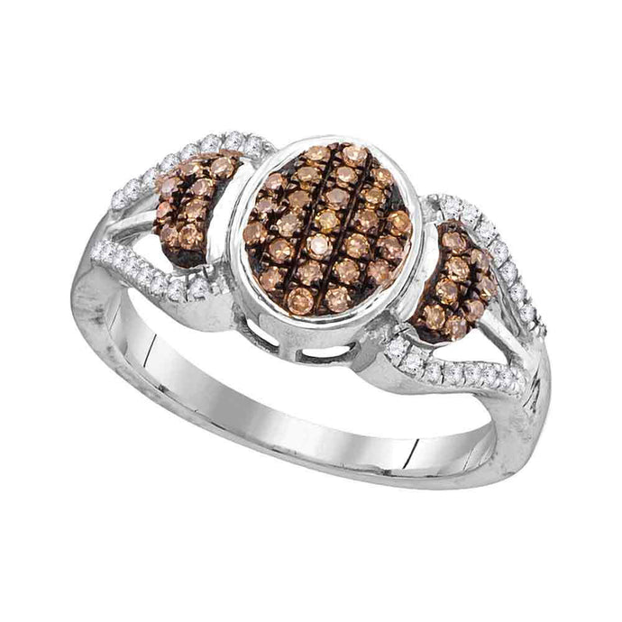 10kt White Gold Womens Round Brown Diamond Oval Cluster Ring 1/3 Cttw