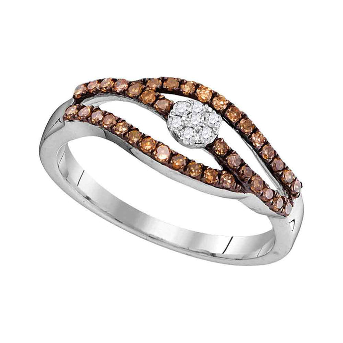 10kt White Gold Womens Round Brown Diamond Strand Cluster Ring 1/3 Cttw