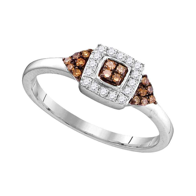 10kt White Gold Womens Round Brown Diamond Square Cluster Ring 1/5 Cttw
