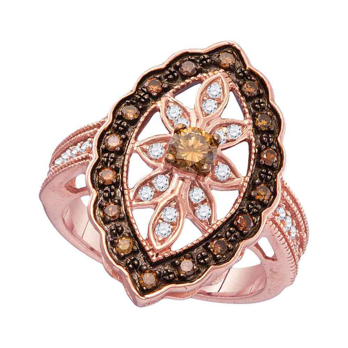 10kt Rose Gold Womens Round Brown Diamond Oval Frame Ring 3/4 Cttw
