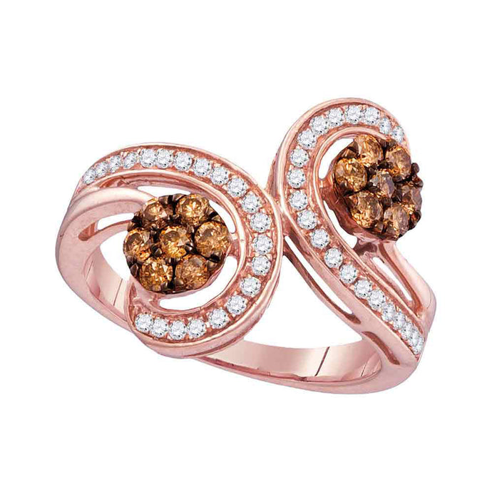 10kt Rose Gold Womens Round Brown Diamond Bypass Flower Cluster Ring 3/4 Cttw