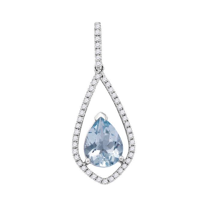 14kt White Gold Womens Pear Aquamarine Diamond Teardrop Pendant 1-1/2 Cttw