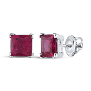 Sterling Silver Womens Princess Lab-Created Ruby Solitaire Stud Earrings 2 Cttw