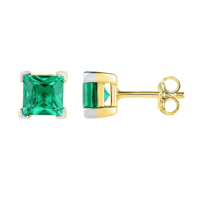 10kt Yellow Gold Womens Princess Lab-Created Emerald Solitaire Earrings 2 Cttw