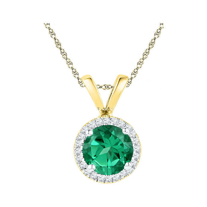 10k Yellow Gold Womens Lab-Created Emerald Solitaire & Diamond Halo Pendant 7/8 Cttw