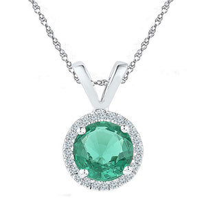Sterling Silver Womens Round Lab-Created Emerald Solitaire Pendant 7/8 Cttw