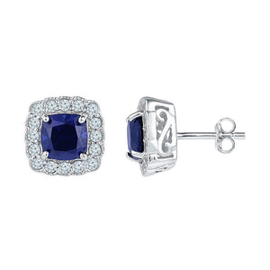 10kt White Gold Womens Cushion Lab-Created Blue Sapphire Stud Earrings 3-1/3 Cttw