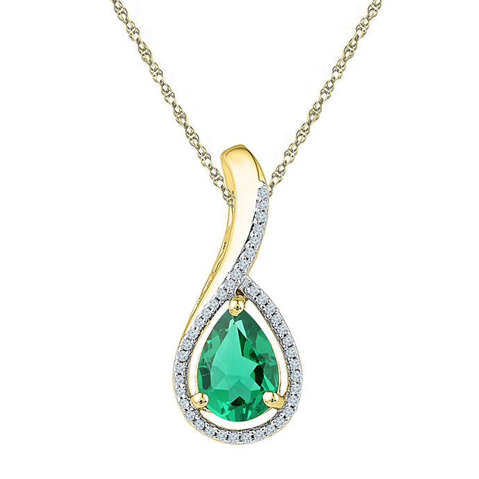 10kt Yellow Gold Womens Pear Lab-Created Emerald Solitaire Diamond Pendant 2 Cttw