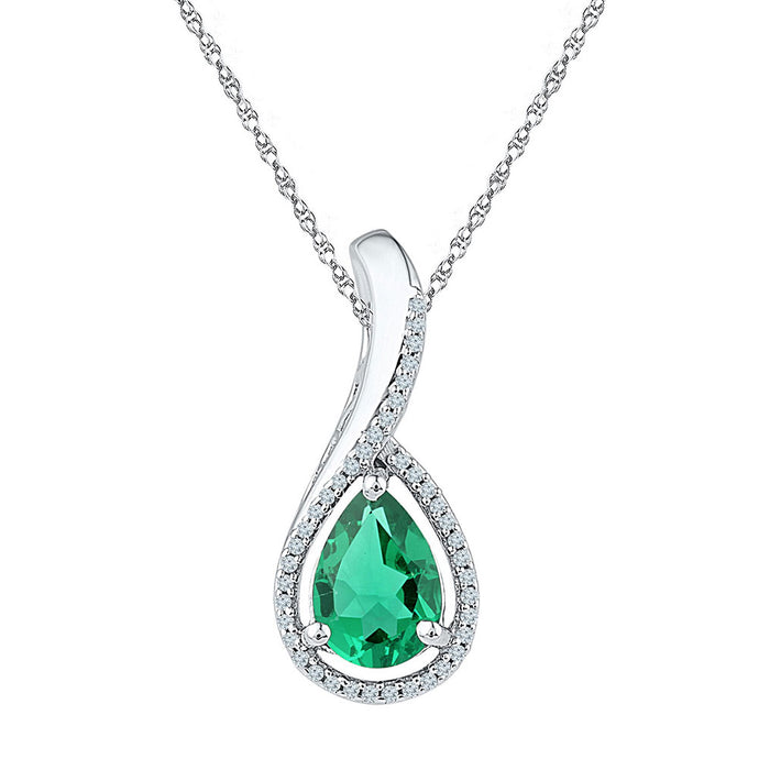Sterling Silver Womens Pear Lab-Created Emerald Teardrop Pendant 2 Cttw