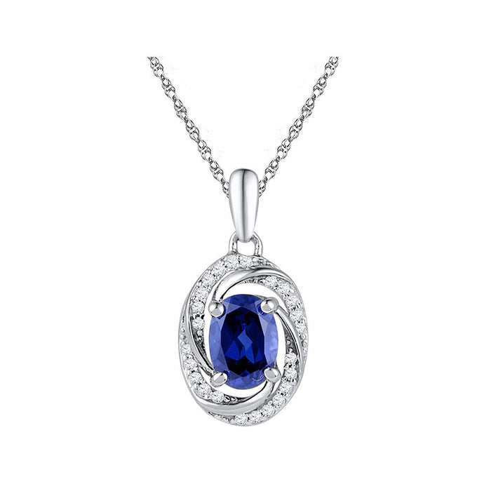 10kt White Gold Womens Oval Lab-Created Blue Sapphire Solitaire Diamond Pendant 1-1/3 Cttw