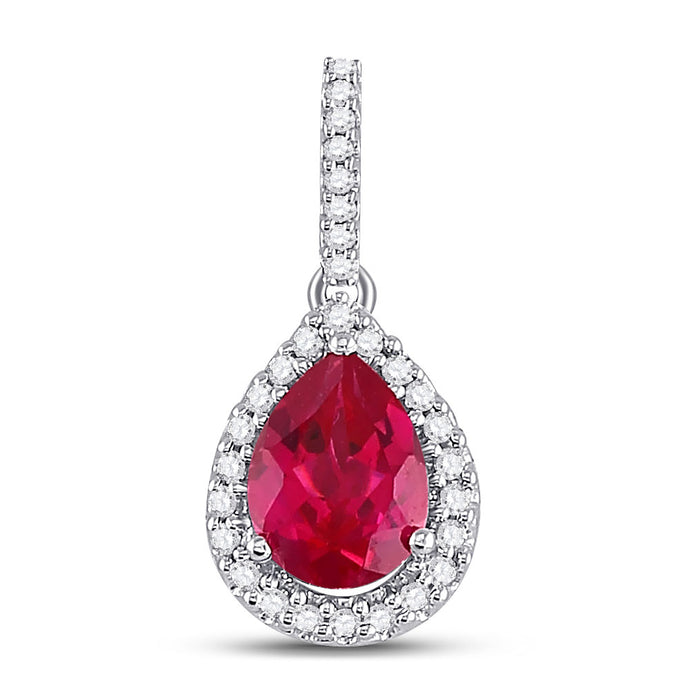 10kt White Gold Womens Pear Lab-Created Ruby Solitaire Diamond Frame Pendant 1-7/8 Cttw